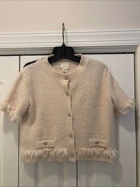H&M Cream Short-Sleeve Textured Fringe Cardigan